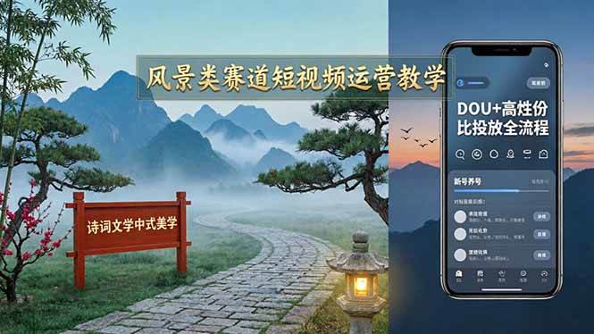 风景类赛道短视频运营教学：诗词文学中式美学，新号养号对标账号定位，DOU+高性价比投放全流程-燕子项目网